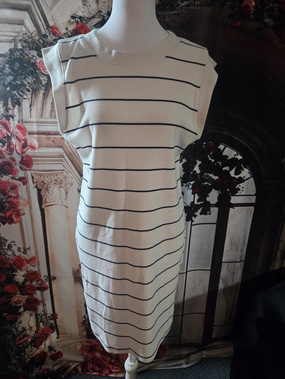 a new day White and Navy Striped Midi Dress